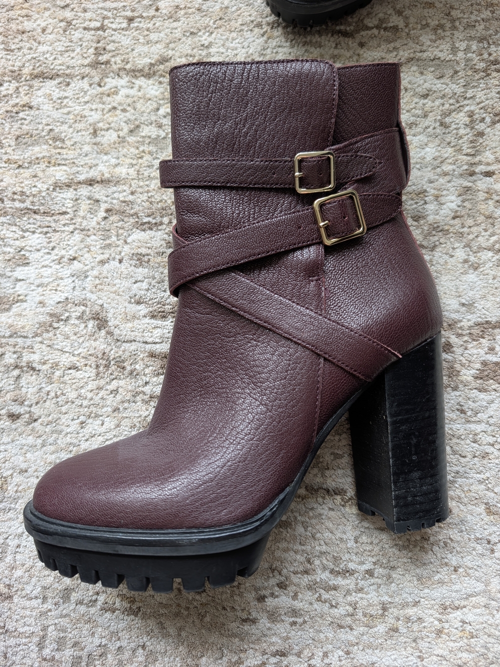 Vince Camuto Wine Burgundy Buckle-Strap Platform Heel Ankle Boots